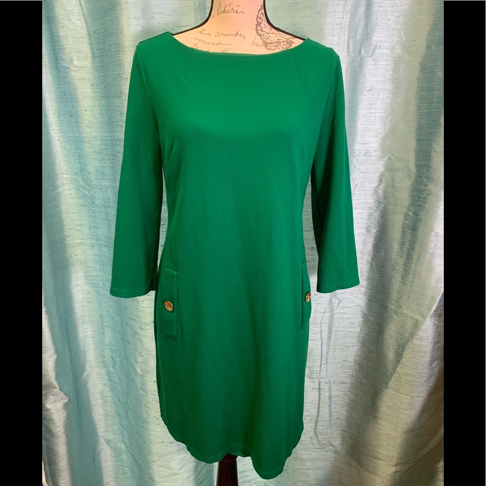 Eliza J Emerald Green A Line Dress Gold Buttons